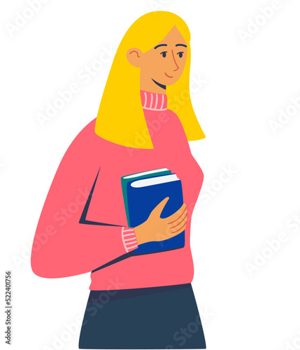 Woman holds books in her hands. The concept of study, work, education. Young woman or student who is fan of literature enjoys her time while reading books. Book festival.  Vector illustration