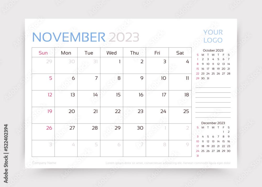 Vetor do Stock: Calendar for November 2023 year. Planner calender