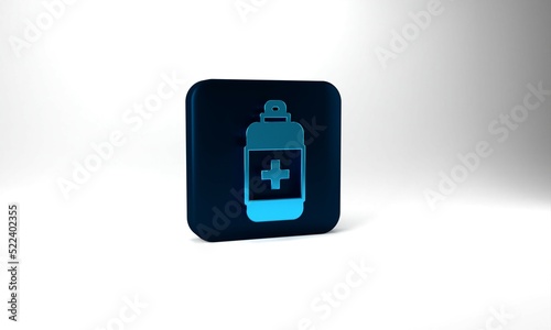 Blue Bottle of liquid antibacterial soap with dispenser icon isolated on grey background. Antiseptic. Disinfection, hygiene, skin care. Blue square button. 3d illustration 3D render