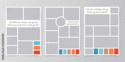 Moodboard template. Photo collage layout. Mosaic pictures album grid. Mood board background. Set photomontage frames. Scrapbook images. Poster design with colour palette and quote. Vector illustration
