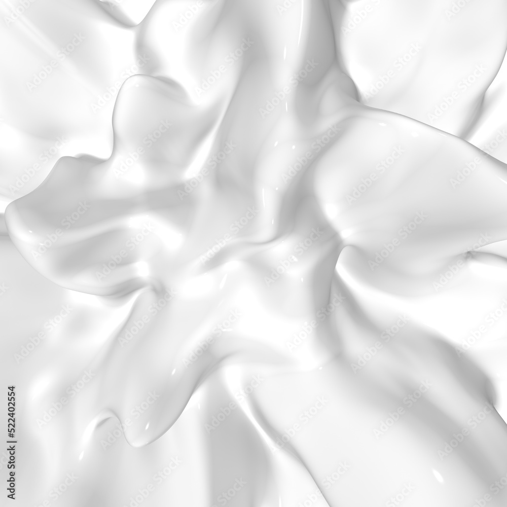 Obraz premium 3d explosion of white glossy paint, abstract moving background. Soft fluid material with wave and splashes. Cream or foam mousse surface with soft edges and smooth angles. Rendering