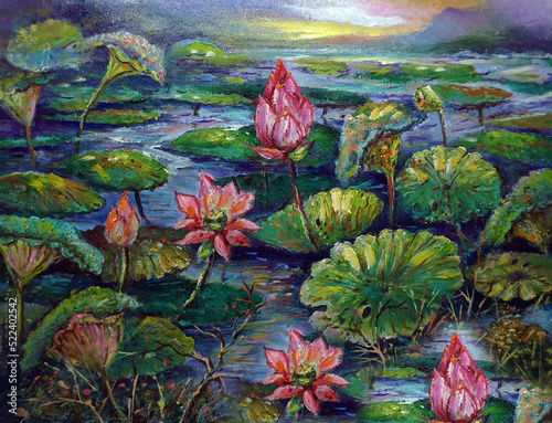 hand drawn original impressionism botanical art masterpieces painter painting oil color lotus flower background from thailand waterlily and academy gallery of art fragment of artwork contemporary art 