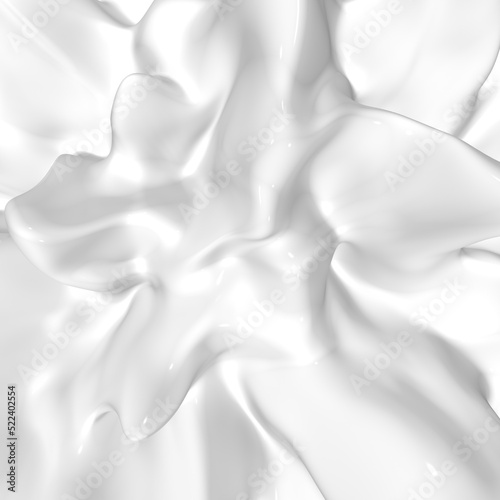 3d explosion of white glossy paint, abstract moving background. Soft fluid material with wave and splashes. Cream or foam mousse surface with soft edges and smooth angles. Rendering