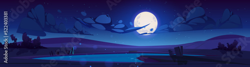 Fotografie, Obraz Night lake landscape cartoon vector illustration