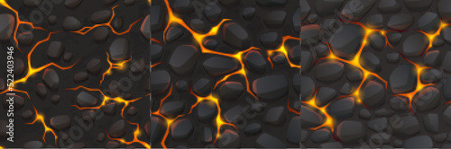 Liquid hot lava in ground cracks top view. Rock textures of volcano eruption and earthquake effect.Vector cartoon seamless patterns with molten magma in stone breaks