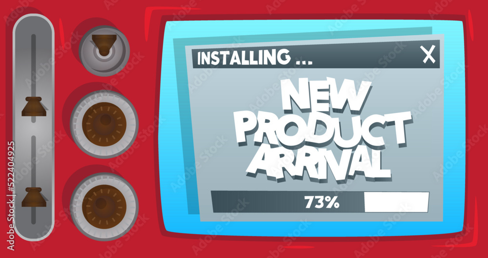 Cartoon Computer With the word New Product Arrival. Message of a screen displaying an installation window. Cartoon Computer With the word New Product Arrival. Message of a screen displaying an installation window.
