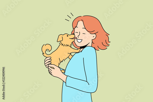 Happy young woman with cute dog in hands. Funny puppy lick smiling female owner show love and affection. Domestic animals. Vector illustration. 