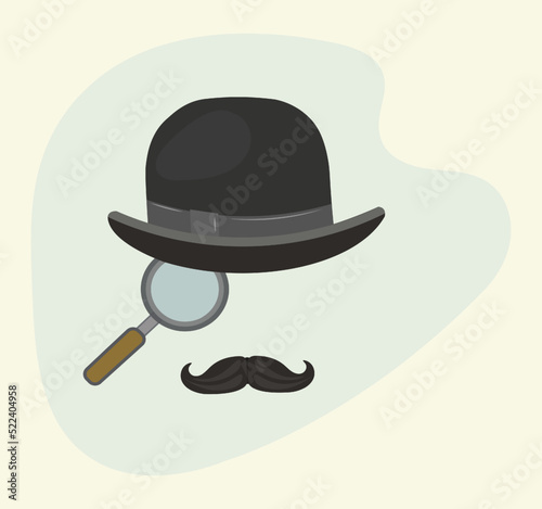 Retro poster of detective or father, dad with magnifying glass, mustache in bowler hat. Gentleman icon in vintage style. Vector flat illustration.