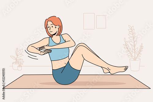 Young woman sweating doing exercises training on mat at home. Sportive motivated girl do sport workout indoors. Physical activity. Vector Illustration. 