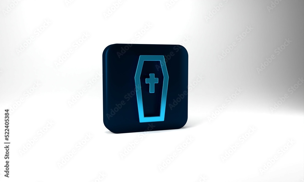 Blue Coffin with christian cross icon isolated on grey background. Happy Halloween party. Blue square button. 3d illustration 3D render Blue Coffin with christian cross icon isolated on grey background. Happy Halloween party. Blue square button. 3d illustration 3D render