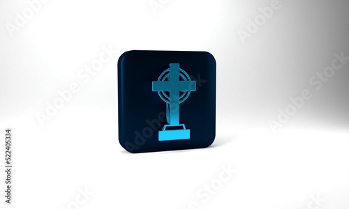 Blue Tombstone with cross icon isolated on grey background. Grave icon. Happy Halloween party. Blue square button. 3d illustration 3D render