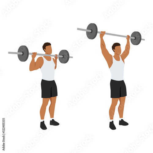 Man doing Standing barbell shoulder press exercise. Flat vector illustration isolated on white background