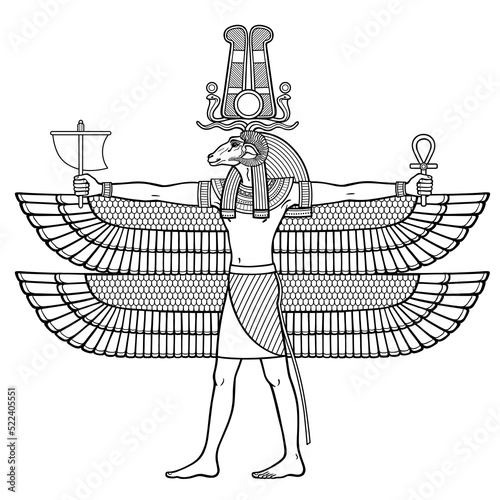 Animation portrait: Ancient Egyptian god Khnum with the head of a ram and many wings holds magical symbols. View profile. Full growth. Vector illustration isolated on a white background.