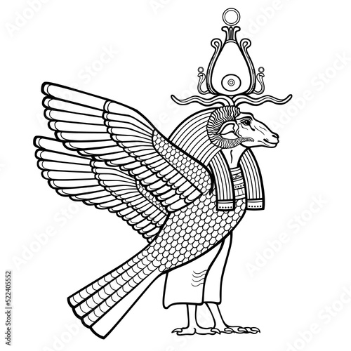 Animation portrait: Ancient Egyptian god Khnum with body of a bird and head of a ram.  View profile. Vector illustration isolated on a white background.