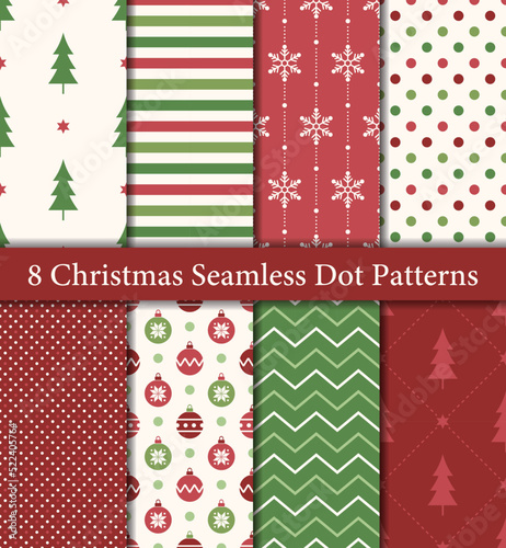 Set of 8 Christmas seamless patterns in traditional red and green colors. Trees, ornaments, snowflakes, stripes, polka dots, chevron.