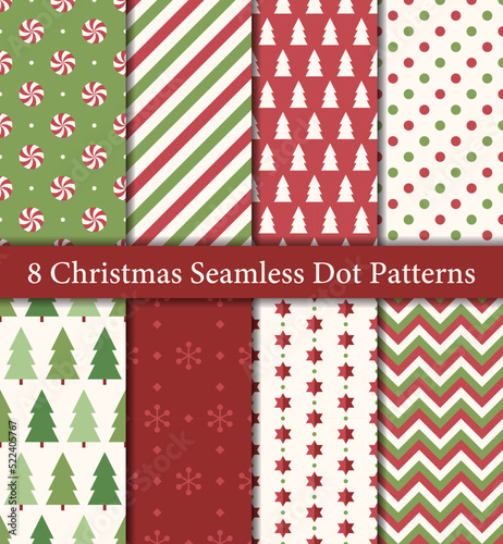 Set of 8 Christmas seamless patterns in traditional red and green colors. Trees, mint candy, snowflakes, stars, stripes, candy cane stripes, polka dots, chevron.