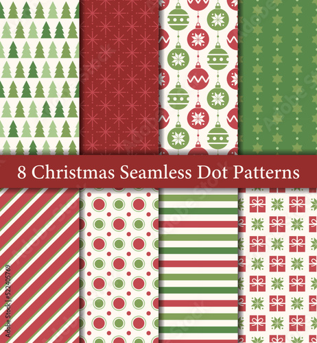 Set of 8 Christmas seamless patterns in traditional red and green colors. Trees, presents, ornaments, stars, stripes, candy cane stripes, dots.