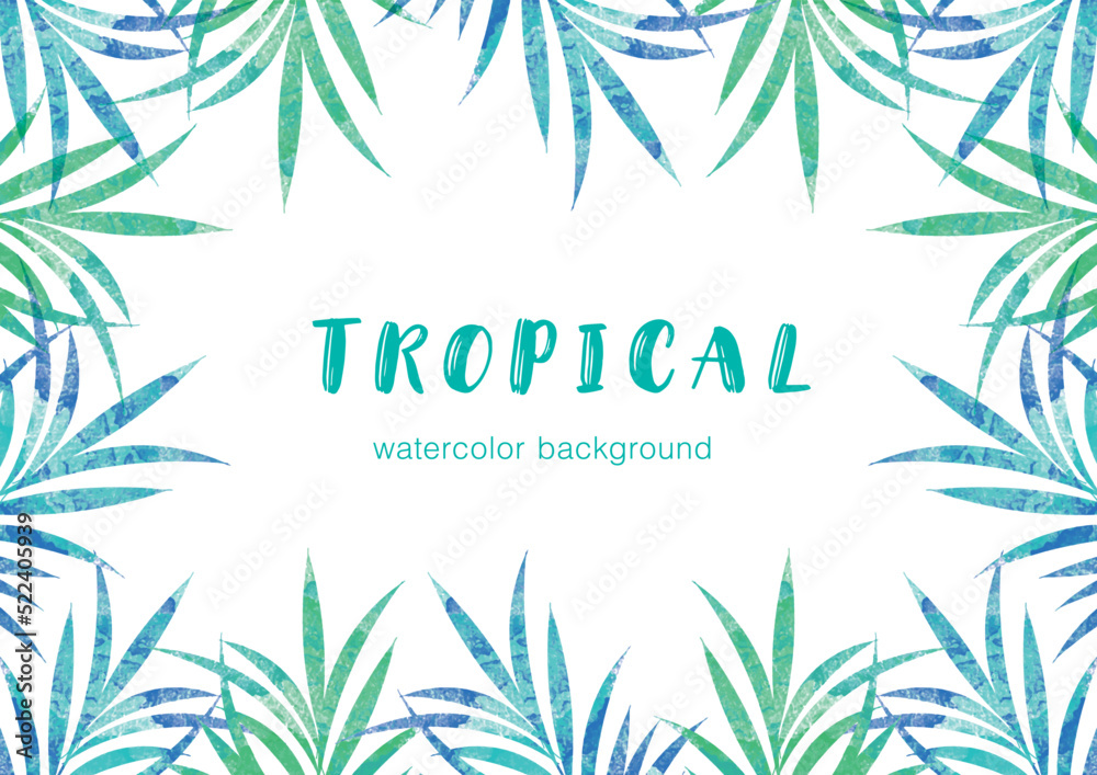 Obraz premium 南国葉っぱフレーム。南国植物の装飾フレーム。水彩画。Tropical leaf frame. Decorative frame of tropical plants. Watercolor.