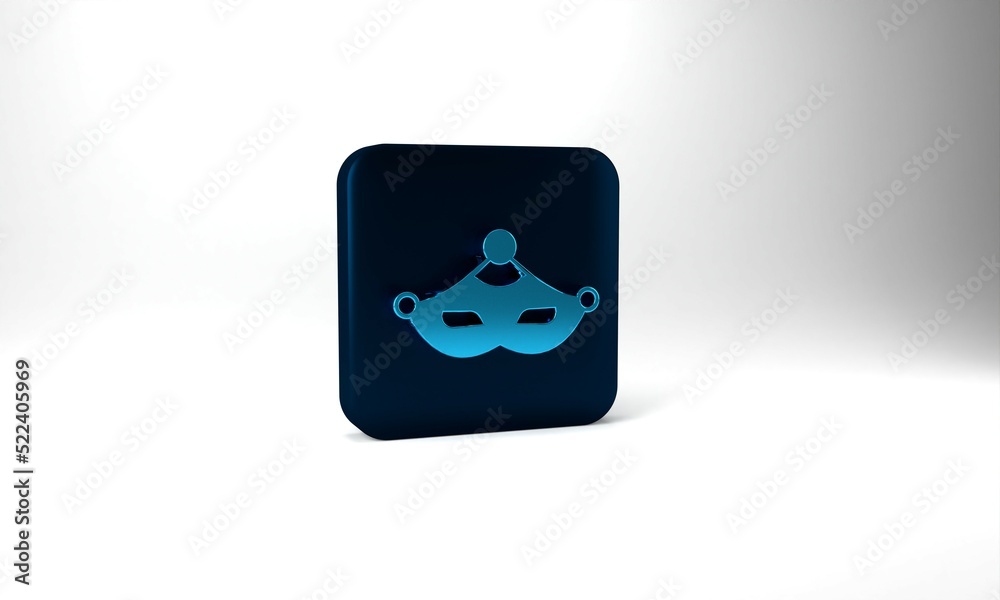 Blue Carnival mask icon isolated on grey background. Masquerade party mask. Blue square button. 3d illustration 3D render Blue Carnival mask icon isolated on grey background. Masquerade party mask. Blue square button. 3d illustration 3D render