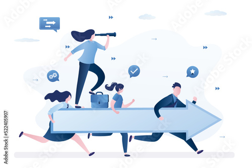 Shared goals, teamwork. Business people running with big arrow and aim at target. Woman leader uses spyglass for business vision. Successful team develop project. Cooperation, company strategy.