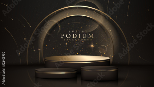 Product display stand with golden curve decoration and starlight effect elements. Black luxury style background.