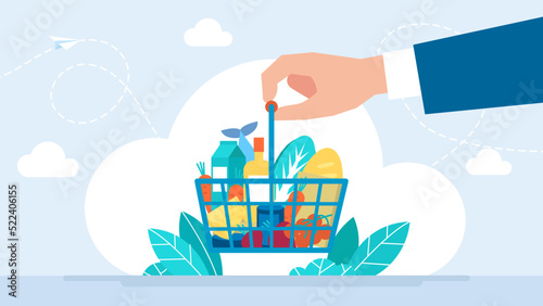 Humanitarian help. Generosity  hospitality  charity. Full shopping cart with fresh grocery products. Businessman make a donation. The gratitude of people. Flat design. Vector business illustration