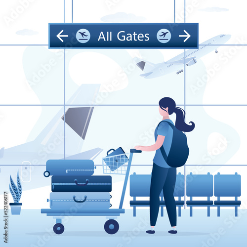 Tourist holding luggage trolley. Passenger woman and airport interior, trolley with suitcases. Various baggage on airport cart. Female character with luggage before flight.