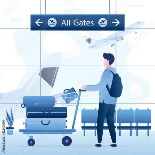 Tourist holding luggage trolley. Passenger man and airport interior, trolley with suitcases. Various baggage on airport cart. Male character with luggage before flight. Airplane takeoff.