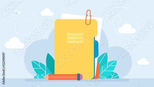 Folder with colored flaps. Office manager folders, pencil, paper clip icon. Office manager folders icon for web design. Work with data. Cloud technologies. Folder sharing. Flat illustration. Vector