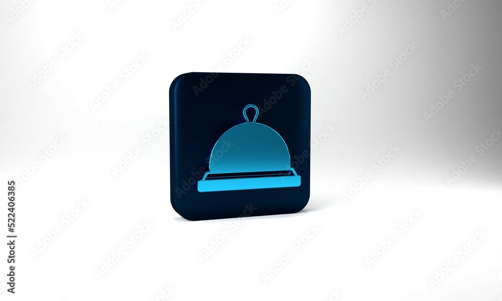 Blue Covered with a tray of food icon isolated on grey background. Tray and lid sign. Restaurant cloche with lid. Blue square button. 3d illustration 3D render Blue Covered with a tray of food icon isolated on grey background. Tray and lid sign. Restaurant cloche with lid. Blue square button. 3d illustration 3D render