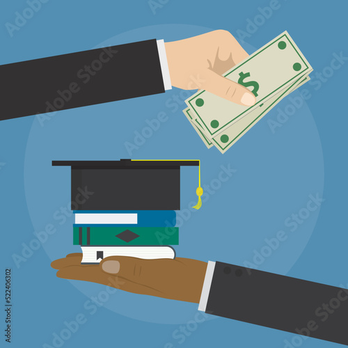 Buyer gives money and pays for education. Payment of tuition fees. Hand holds graduation hat and textbooks. Purchase online courses. Investment in education.