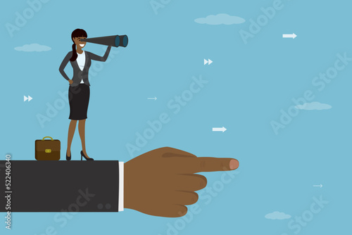 Vision to see business direction and right way for success. Economic forecast, strategy to business objective. Career path concept. Businesswoman with binoculars standing on huge pointing hand
