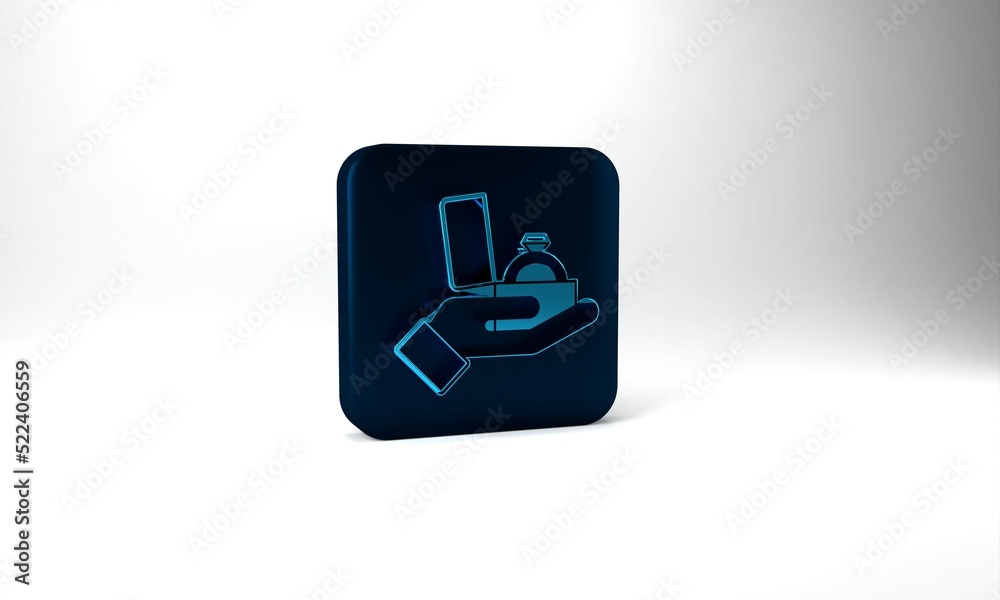 Blue Diamond engagement ring in a box icon isolated on grey background. Blue square button. 3d illustration 3D render Blue Diamond engagement ring in a box icon isolated on grey background. Blue square button. 3d illustration 3D render
