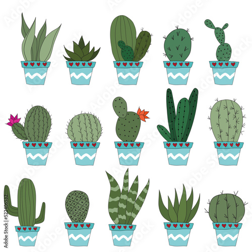 Set Cute doodle cacti in blue pots. Vector illustration with cute indoor plants. set of 15 plants