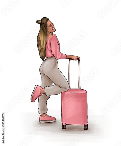 A young teenage girl with a suitcase is ready to travel. A smiling woman, a traveler. Illustration