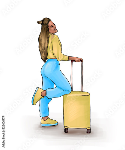 A young teenage girl with a suitcase is ready to travel. A smiling woman, a traveler. Illustration