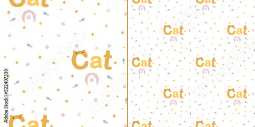 Hand drawn vector seamless background for kids with cute word CAT. Children's texture in scandinavian style for fabric, textile, clothing, nursery decoration. Vector illustration