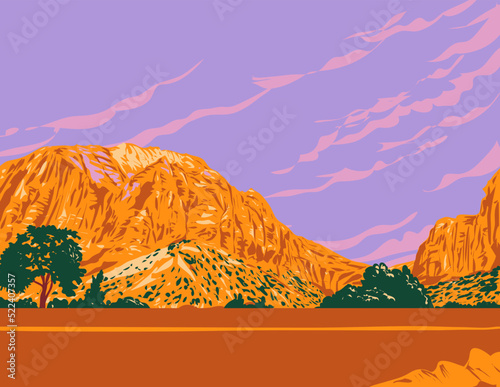WPA poster art of the East Temple Mountain located in Zion National Park, Washington County Utah, United States USA done in works project administration style.