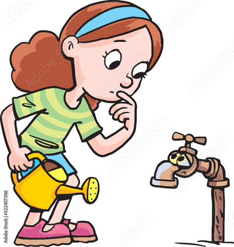 girl with a bucket in her hand next to a faucet that has no water