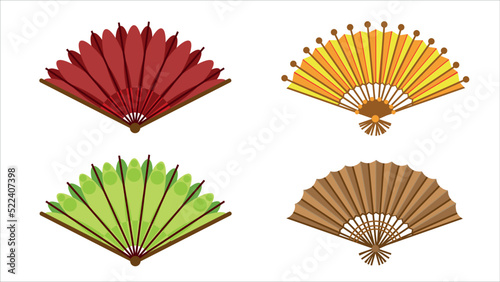 Set of colorful fans in cartoon style. Vector illustration of devices for dances and carnivals on white background.