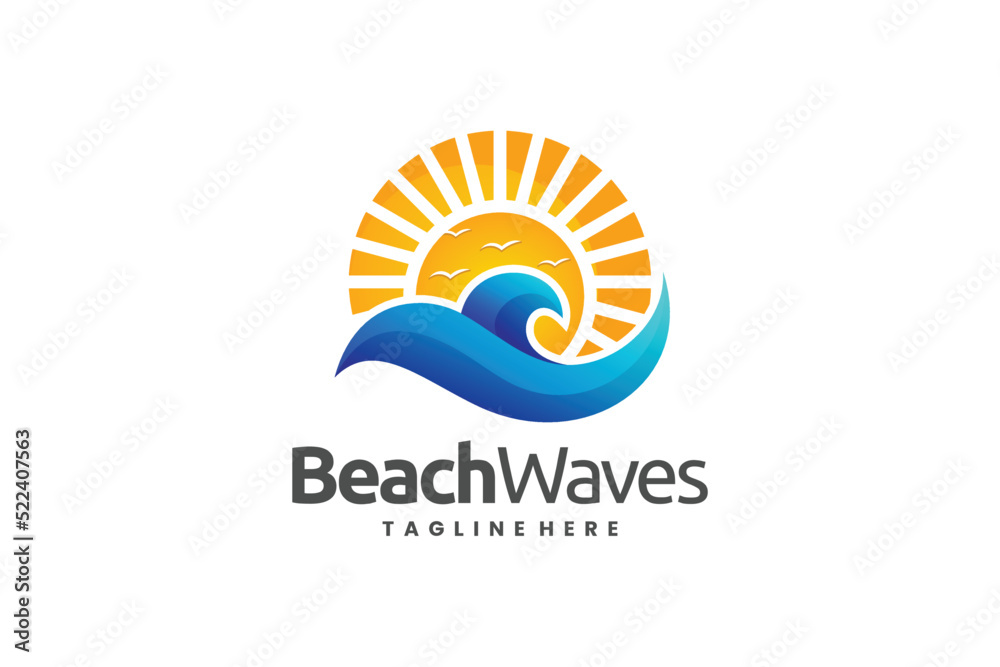 summer sun vector logo with beach wave shape