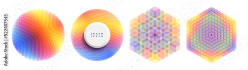 Set of circles and cubes. Abstract geometric design. Vector illustration made of various overlapping elements. Applicable for banners, placards, posters or flyers.