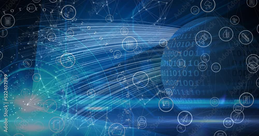 Animation of network of digital icons and data processing against light trails and globe