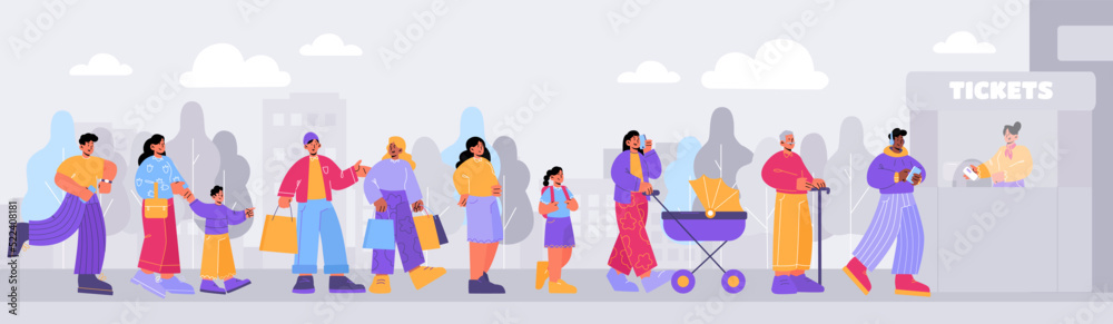 Fototapeta premium People standing in queue to ticket booth. Different characters waiting in long line for buy tickets to cinema or bus. City landscape with people crowd and controller in kiosk, vector flat illustration