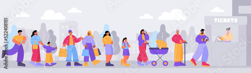People standing in queue to ticket booth. Different characters waiting in long line for buy tickets to cinema or bus. City landscape with people crowd and controller in kiosk, vector flat illustration