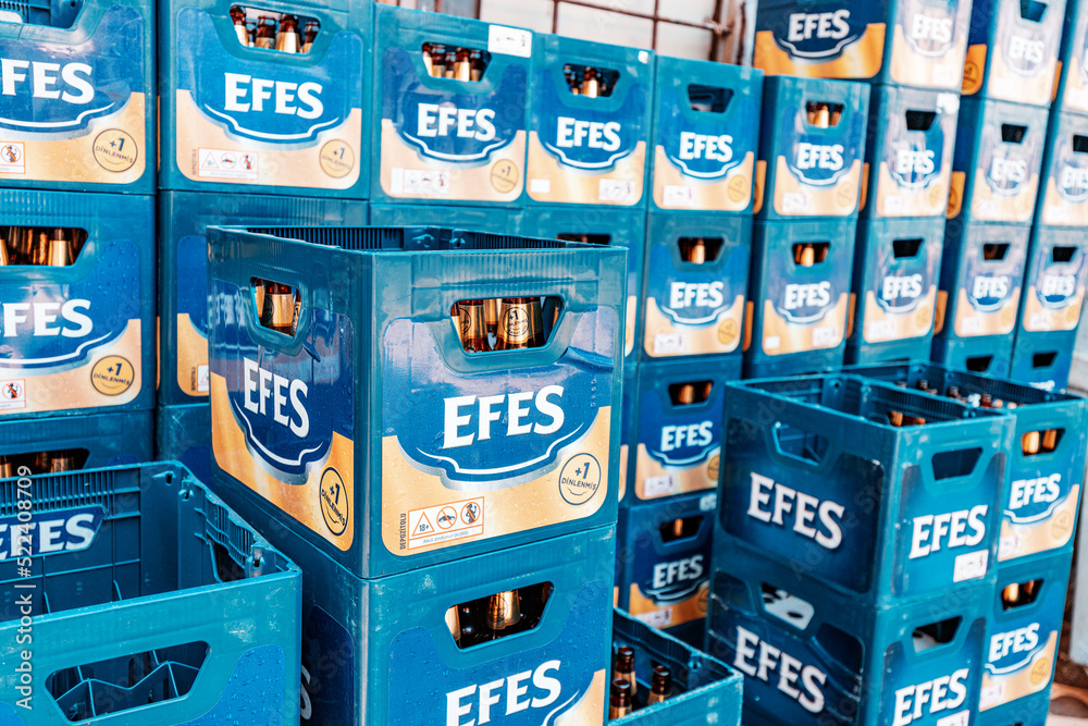 09 July 2022, Antalya, Turkey There are many cases of Efes Pilsen beer