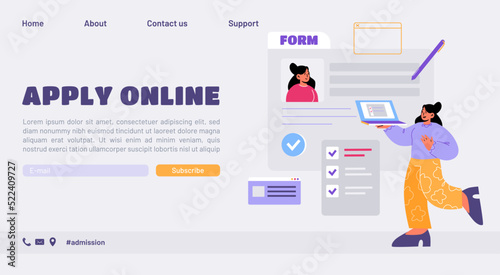 Service of apply online, register form on website. Vector landing page of digital admission and application registration with flat illustration of woman completes request online
