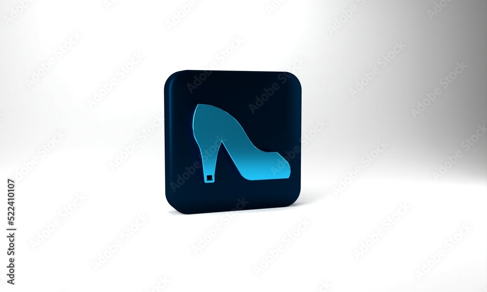 Blue Woman shoe with high heel icon isolated on grey background. Blue square button. 3d illustration 3D render Blue Woman shoe with high heel icon isolated on grey background. Blue square button. 3d illustration 3D render