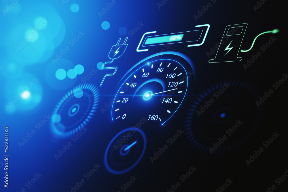 Abstract electronic car dashboard interface hologram on blurry blue backdrop. Automobile, charging and futuristic technology concept. 3D Rendering.