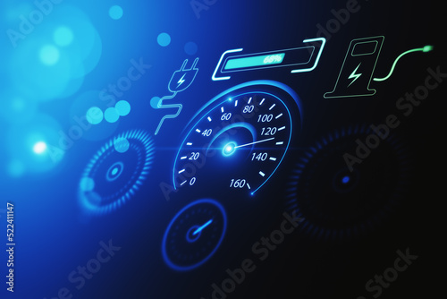 Abstract electronic car dashboard interface hologram on blurry blue backdrop. Automobile  charging and futuristic technology concept. 3D Rendering.